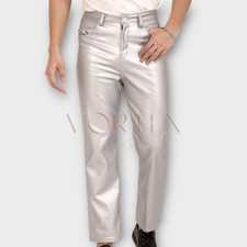 Men's Silver Causal Leather Dress Pant In Genuine Lambskin Leather Dress Pant