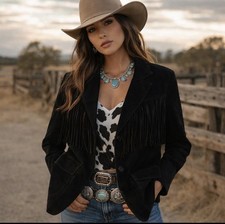 Scully Suede Fringe Jacket Women  s Med Black Lined Western Rodeo Boho Festival