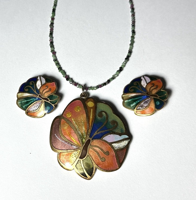 David Kuo Champleve Enamel Pin-Pendant & Earrings, Colorful Butterflies