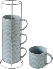Coffee Mugs with Rack, 15 Ounce Porcelain Stackable Large Ceramic Blue Coffee Cu