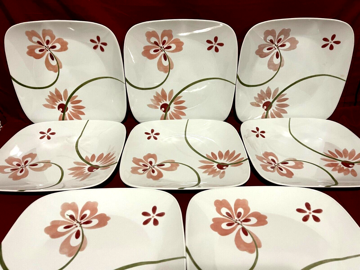 Corelle Pretty Pink Set Of 8 Floral Square Dinner Plates 10 1/2