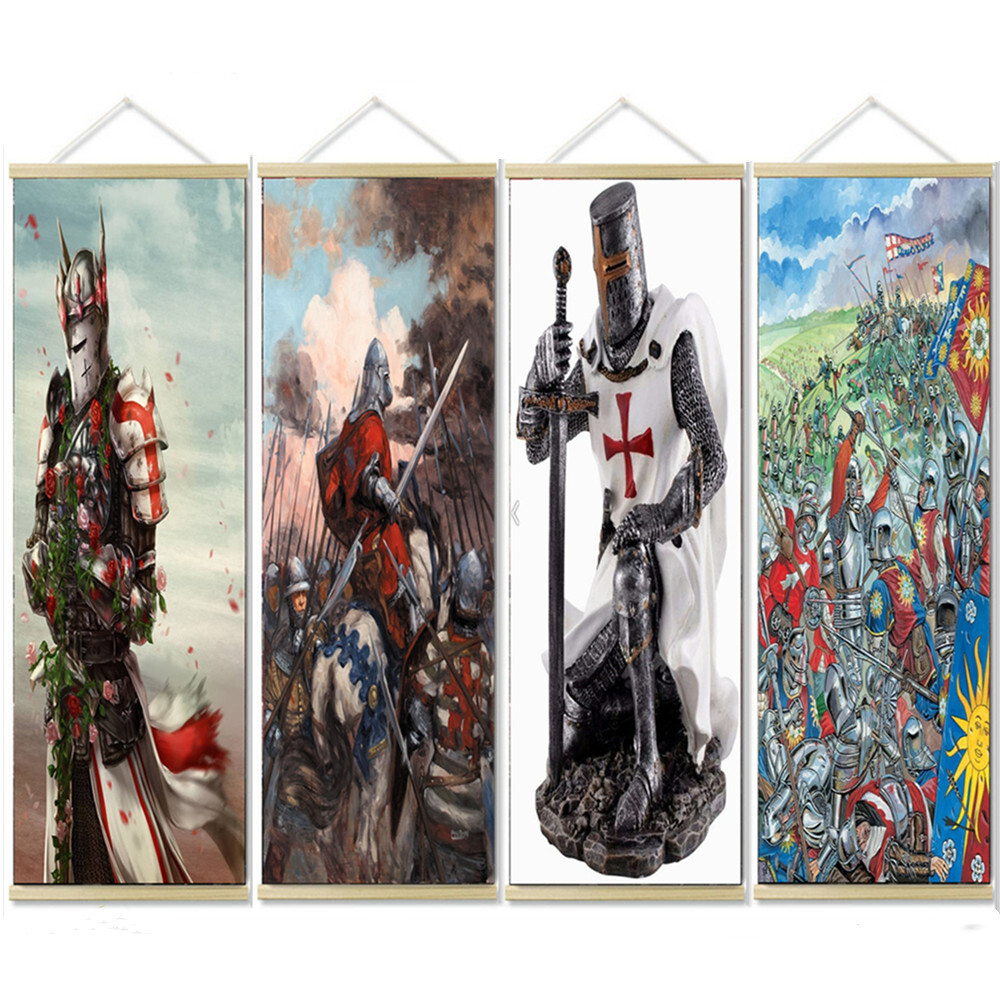 4 PCS Crusader Warrior Canvas Scroll Painting Knights Templar Wall Art Poster
