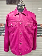 Men's 100% Genuine Leather Pink Trucker Jacket Denim Style Jean Button Moto Coat