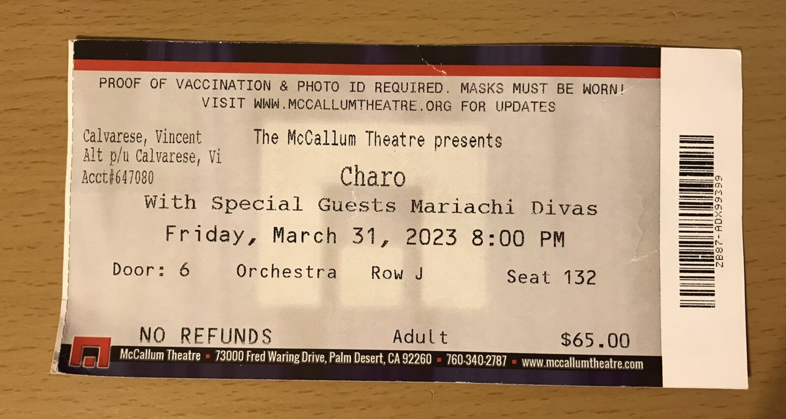 2023 CHARO PALM DESERT CA CONCERT TICKET STUB DANCE A LITTLE BIT CLOSER