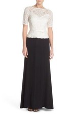 SZ 6 Tadashi Shoji Ivory Black Embroidered Tulle Bodice Jersey Gown Dress 468