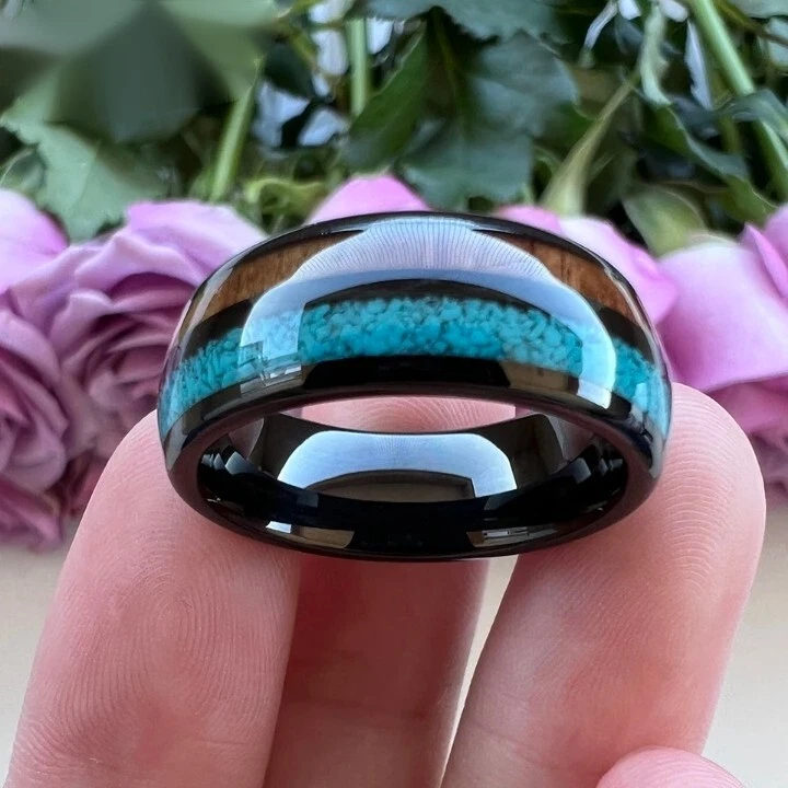 Anillo de carburo de tungsteno de 8 mm para hombres y mujeres turquesa aplastada y anillo de incrustación de madera de koa Foto 4 de 4