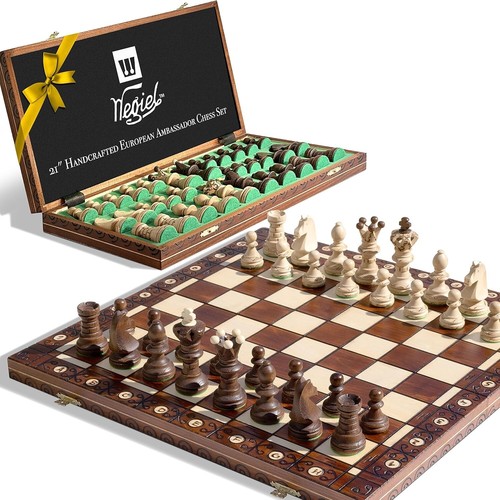 Exquisite Wooden Chess Set - Handmade 21-Inch Board & Artful Crafted Pieces - Picture 3 of 10