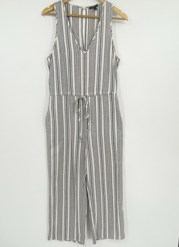 Drew Anthro Womens Sleeveless Linen Blend Crop Jumpsuit Cream Blue Striped Sz S - Picture 1 of 7