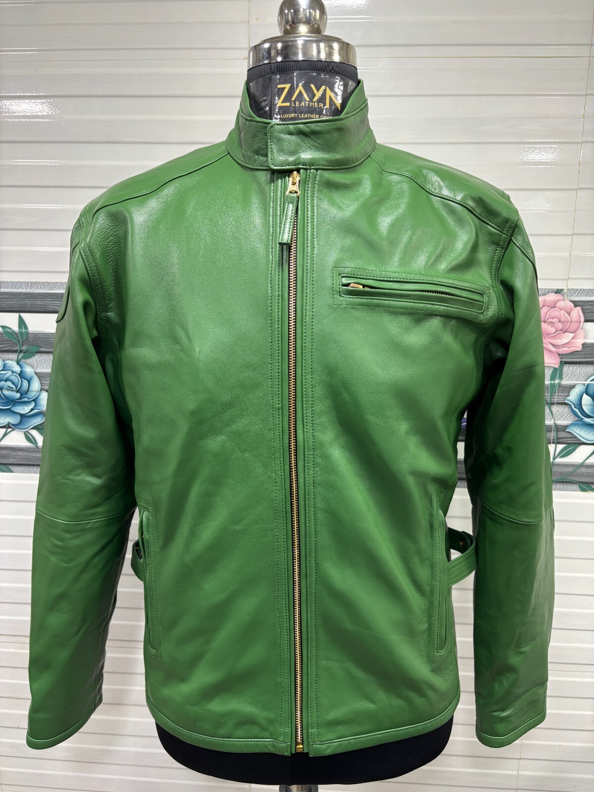 Chaqueta motera de cuero verde para hombre 100 % genuina piel de oveja chaque...