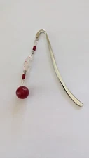 3.5" Silver Tone Bookmarker With Beads Dangling - Clear,  White, Burgundy Colors