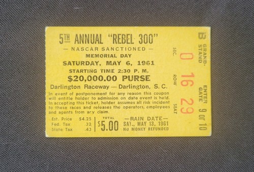 1961 NASCAR Darlington Raceway Rebel 300 Ticket Stub, Fred Lorenzen Win ...
