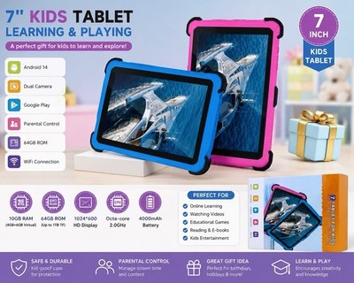 7 Zoll Kids Tablet Blau/Pink Android 14 64GB 10GB Wi Fi Dual-Kamera 1024x600