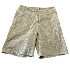 Under Armour Boys Golf Shorts Tan Khaki Plaid Flat Front Performance Size 14
