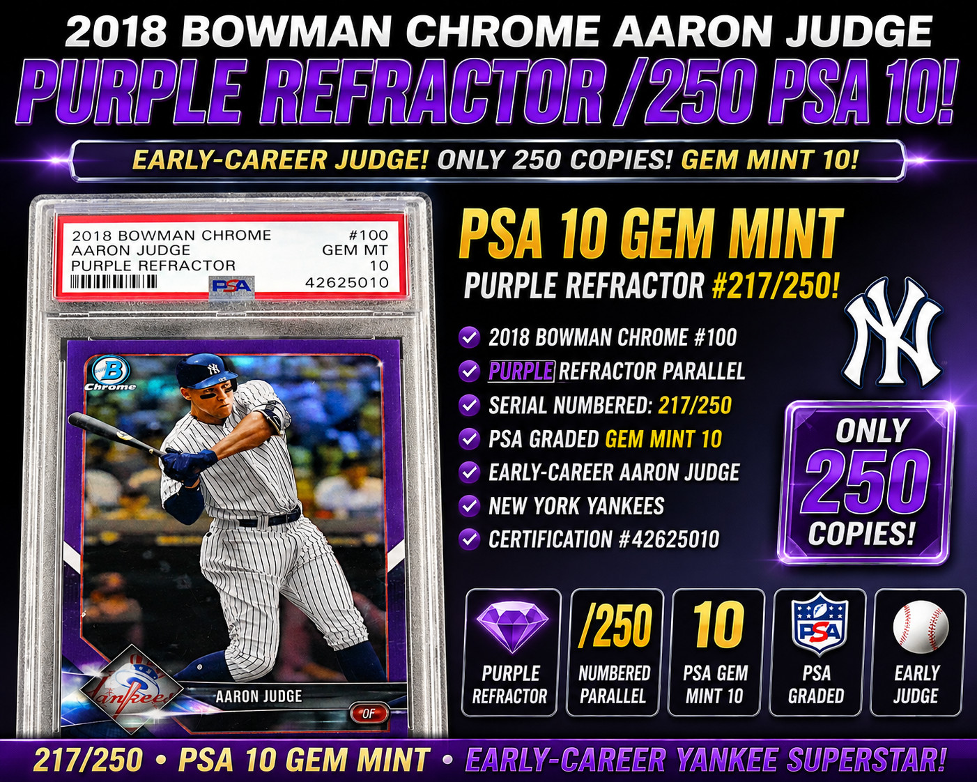 ⚾💜💎PSA 10 GEM MT 2018 Bowman Chrome AARON JUDGE Purple Refractor /250 Yankees view 2