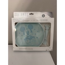 Disney Baby Mickey Mouse Silicone Plate Spoon Set Baby Blue 6M NWT