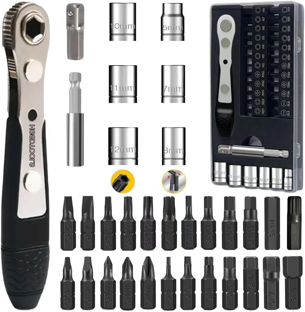 36In1 Right Angle Screwdriver Set 1/4 Mini Ratchet Wrench S2 Magnetic 1/4 Bits 9