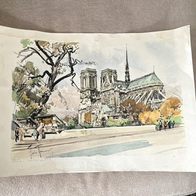 Yola Monnoy Notre Dame Cathedral Paris Signed Watercolor Drawing on Paper