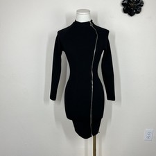 Fashion Nova Bodycon Dress Womens Small Black Sutton Knit Mini Asymmetrical Zip
