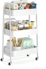 EAGMAK 3 Tier Utility Rolling Cart, Metal Storage Cart with Normal, White 