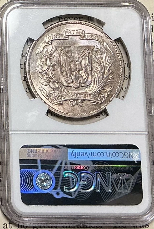 1955 Dominican Republic Peso NGC MS63+ Trujillo Anniversary Silver Coin - Image 2 of 4