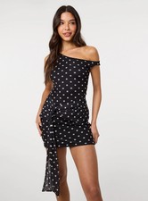 Pink Vanilla Womens IVORY/BLACK Polka Dot Tie Side Mesh Bodycon Dress
