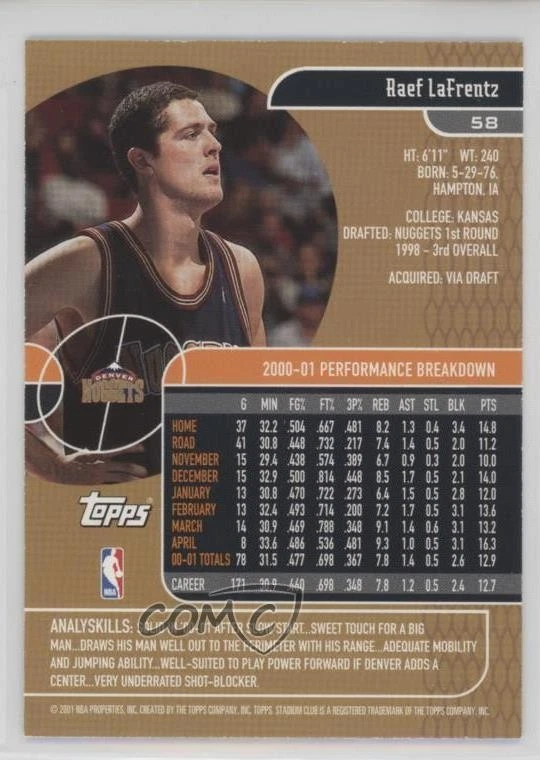 2001-02 Topps Stadium Club Raef LaFrentz #58 - Image 2 of 2