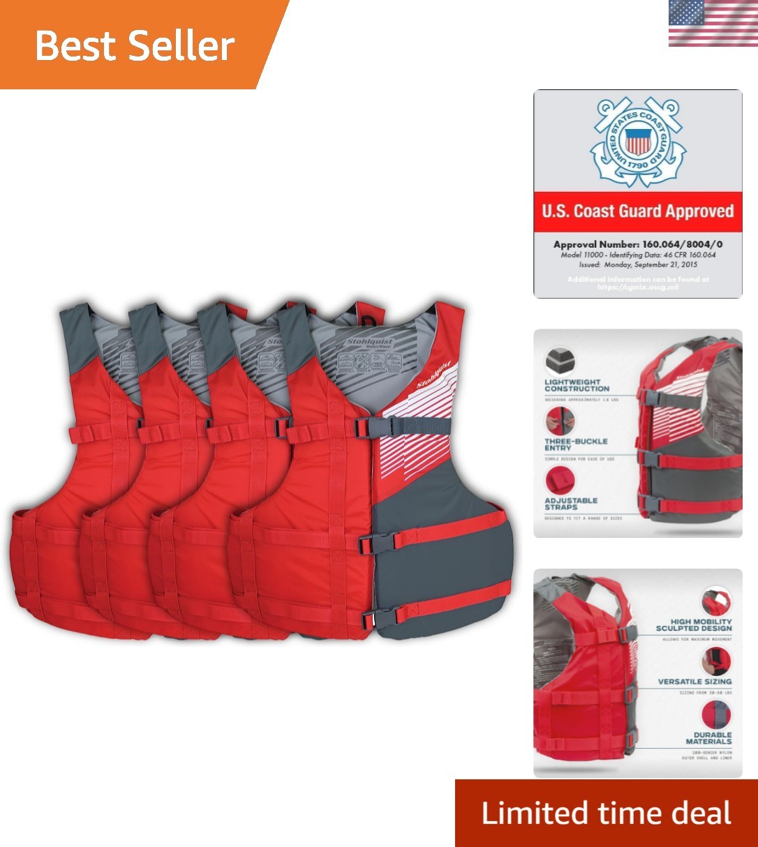 Universal Fit Adult Life Jacket PFD 4 Pack Coast Guard Appro