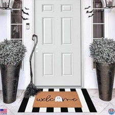 Halloween Doormat Set: Welcome Ghost Coir Mat  28" x 43" Black  White Rug