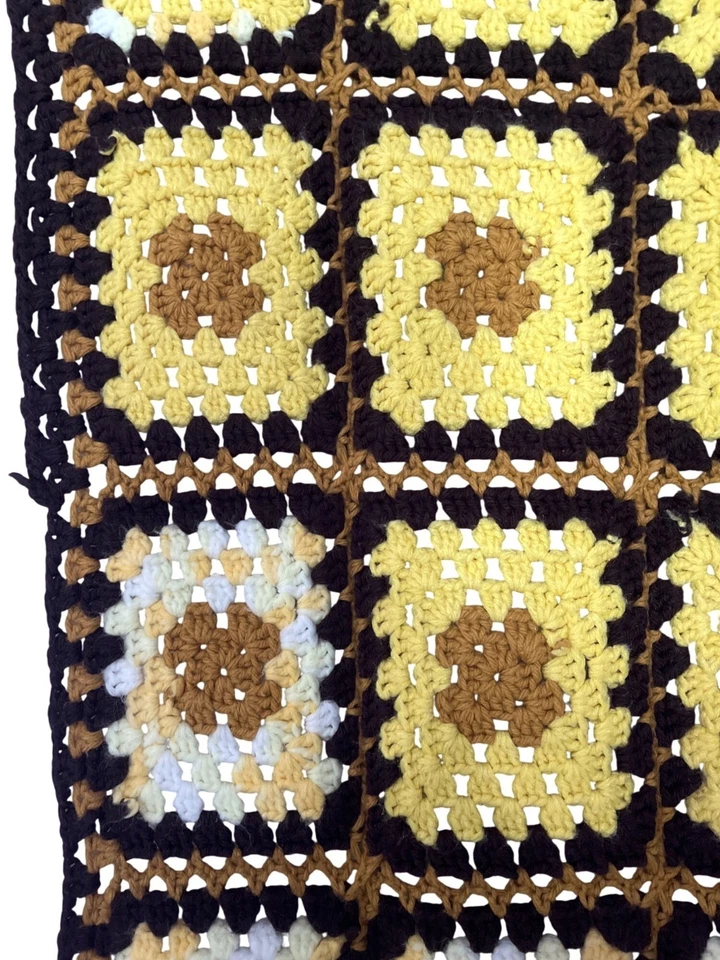 手工钩针奶奶方形毯子黄色棕色白色 — 第 2/4 张图片