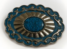 VTG Men  s Belt Buckle With Faux Turquoise Art Deco Silver Tone Southwest Style