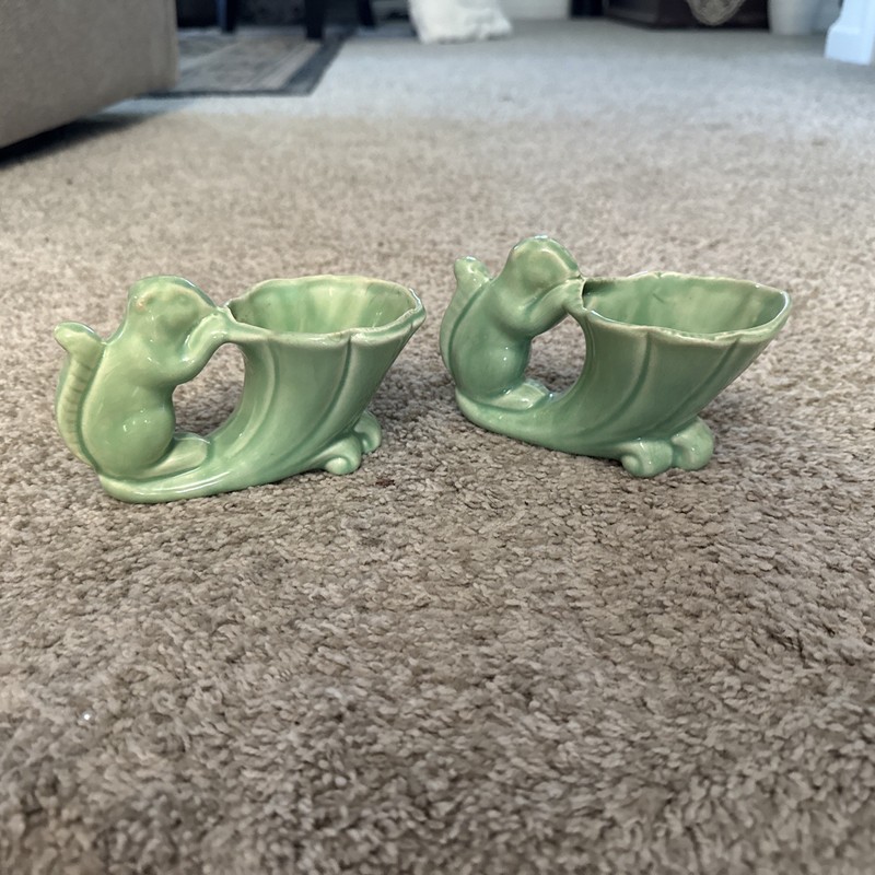 Pair Of McCoy Pottery Green Glazed Squirrel And Corucupia Planter