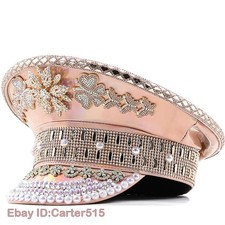 Women Glitter Rhinestone Leather Captain Hat Rave Festival Party Disco Cap