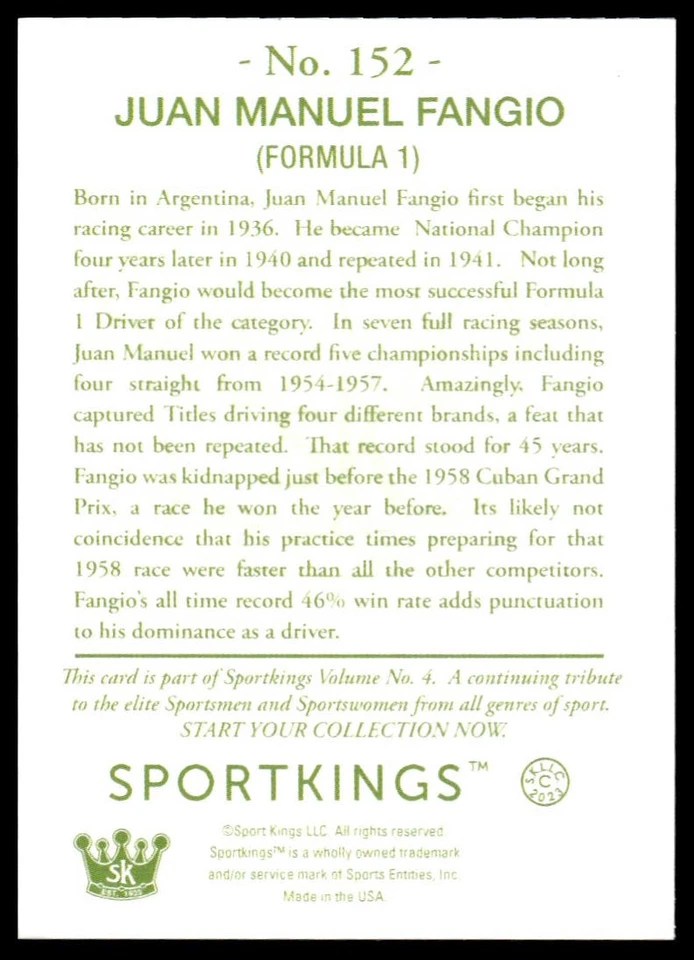 2023 Sportkings Volume 4 #152 Juan Manuel Fangio Green Back - Image 2 of 2