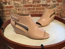 H by Halston Sand Nude Leather Open Toe Cut-out Robyn Wedge NEW