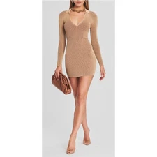 SER.O.YA Camel Beige Ribbed Knit V-Neck Long Sleeve Stretch Mini Dress Seroya XL
