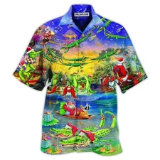 Christmas Santa Riding Alligator Hawaiian Shirt Unisex Silk Aloha