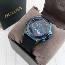 Bulova Marine Star 98B308 Men's Black Dial Silicone Strap Chronograph Watch 45mm