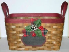 Pine Cone Holly Berry Tartan Plaid Christmas Empty Gift Basket Burgundy Handle