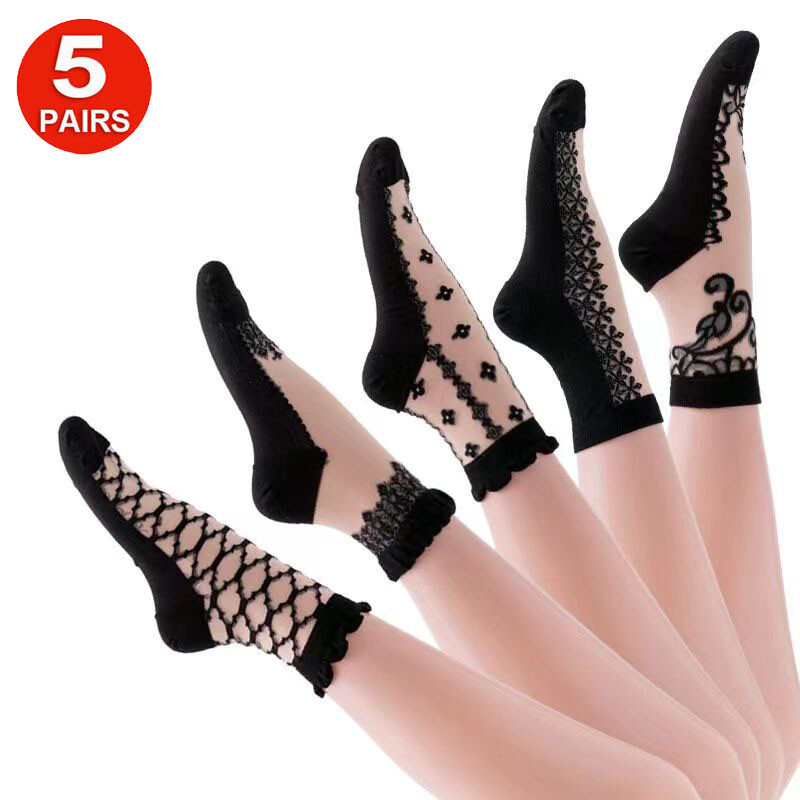5 Pairs Women Lace Floral Socks Summer Mesh Thin Ladies Transparent Funny Socks eBay