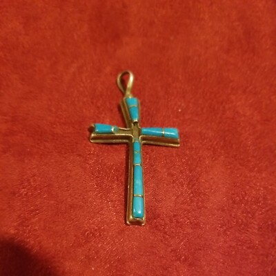 Inlaid Turquoise Sterling Cross Has Markers Mark  2 1/4''× 1 1/4''