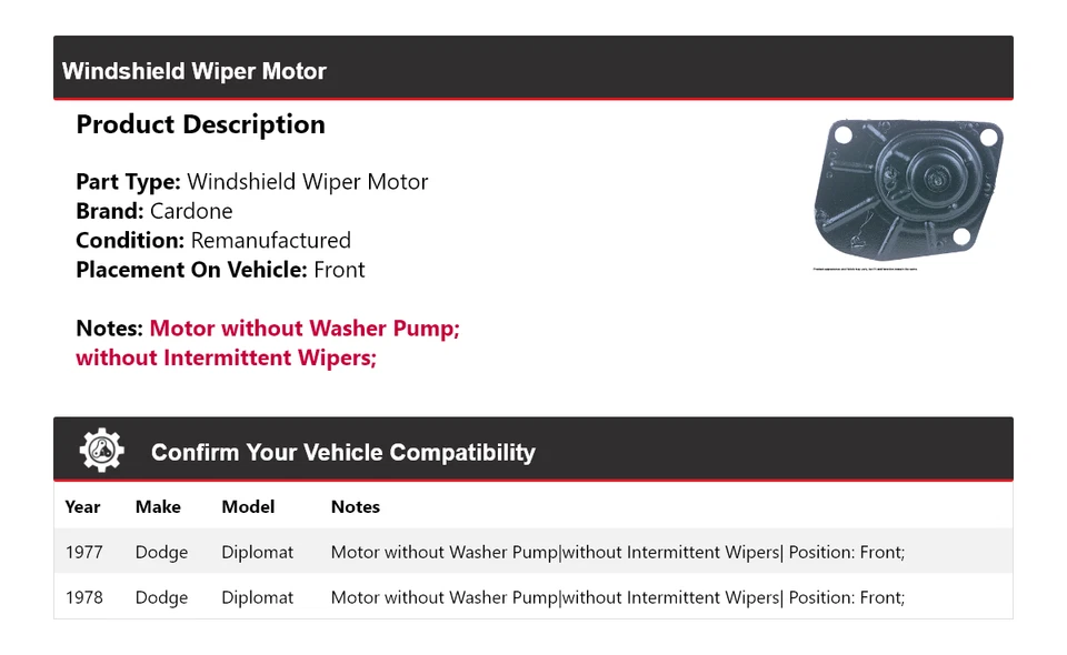 Para Dodge Diplomat 1977-1978 Limpiaparabrisas Motor Delantero Cardone Foto 2 de 4