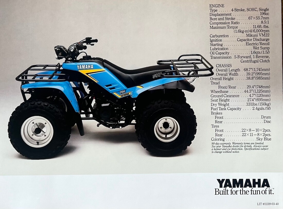 Yamaha ATV yf200 200cc
空冷2スト紫と黄 オフロード No Reserve: 1988 Yamaha YFM200 Moto 4 for sale on BaT