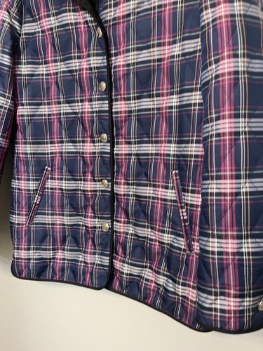 Coach Quilted Navy Blue & Purple Plaid Print Long Sleeve Snap Front Jacket Sz XS - Picture 3 of 13