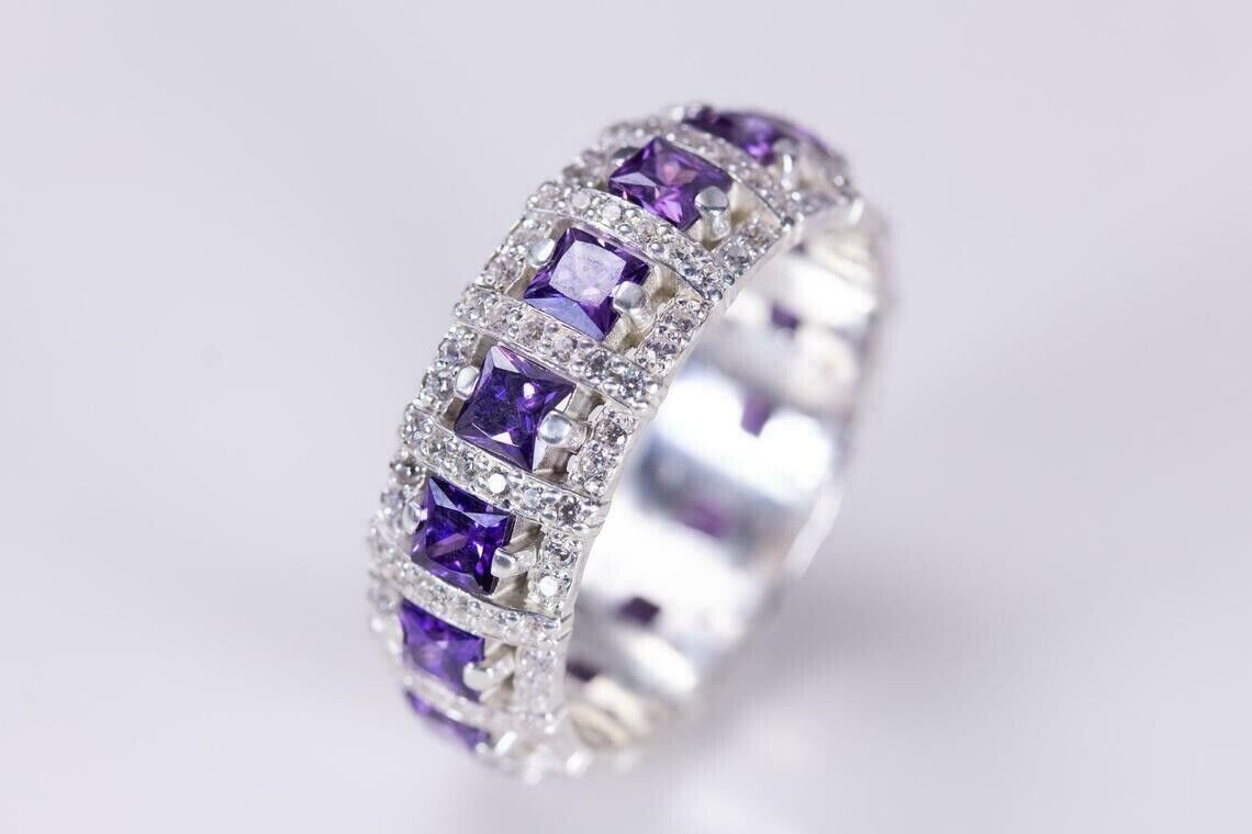 3Ct Simulated Amethyst Wedding Band Ring 14K White Gold Plated Silver-image