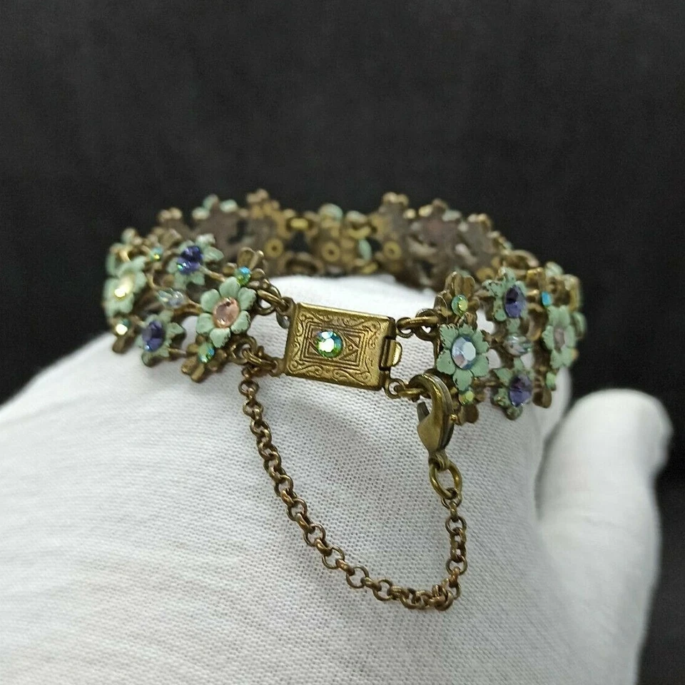 Браслет Michal Negrin цветочная эмаль цветы кристаллы широкая пастель зеленый фиолетовый - Изображение 3 из 4
