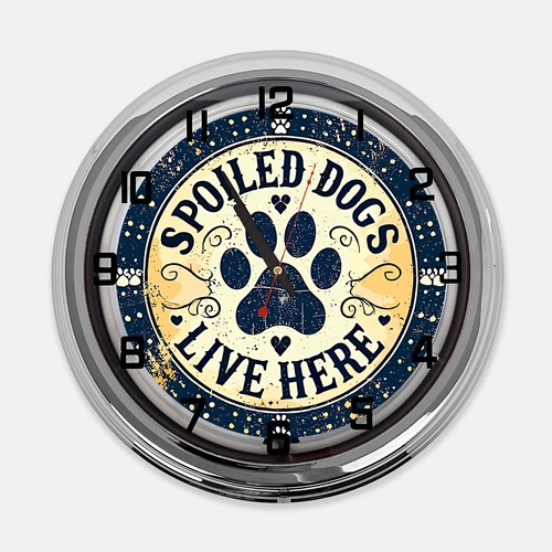 18" Spoiled Dogs Live Here Metal Sign Designed White Neon Clock - Picture 2 of 5
