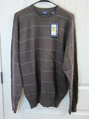 Arrow Sweater Mens Medium Brown Blue Striiped 100% Cotton Long Sleeve Crew Neck 