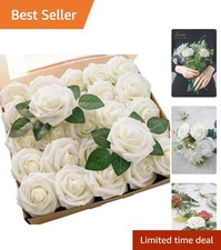Artificial Flowers 25pcs Real Looking Ivory Foam Fake Roses with Stems for DI...
