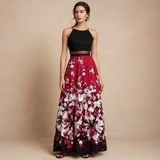 Betsy  Adam Size 6 Illusion Mesh Panel Formal Gown Black Red Floral Maxi Dress