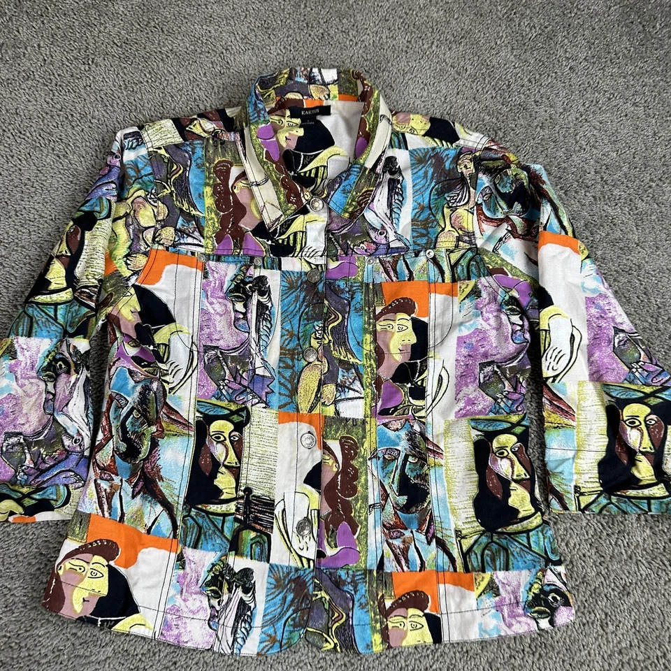 Chaqueta Kaktus Mujer Grande Picasso Arte Abstracto Impresión Lino Botón Forrado Frontal Foto 3 de 4